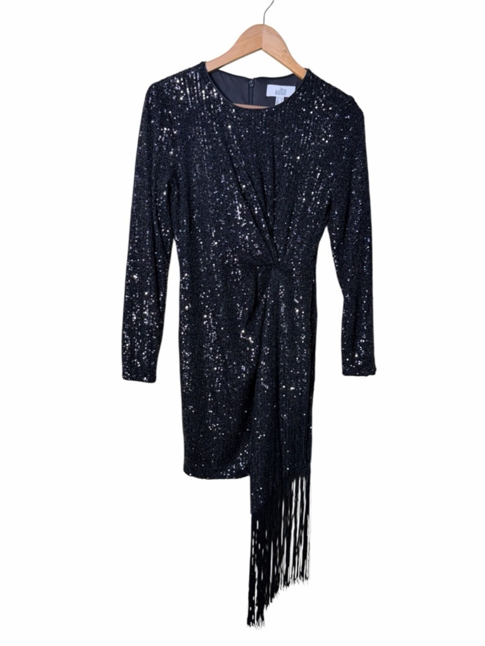 Belle Badgley Mischka Black Sequin Long Sleeve Harley Fringe Cocktail Dress Sz 2 - Picture 3 of 9